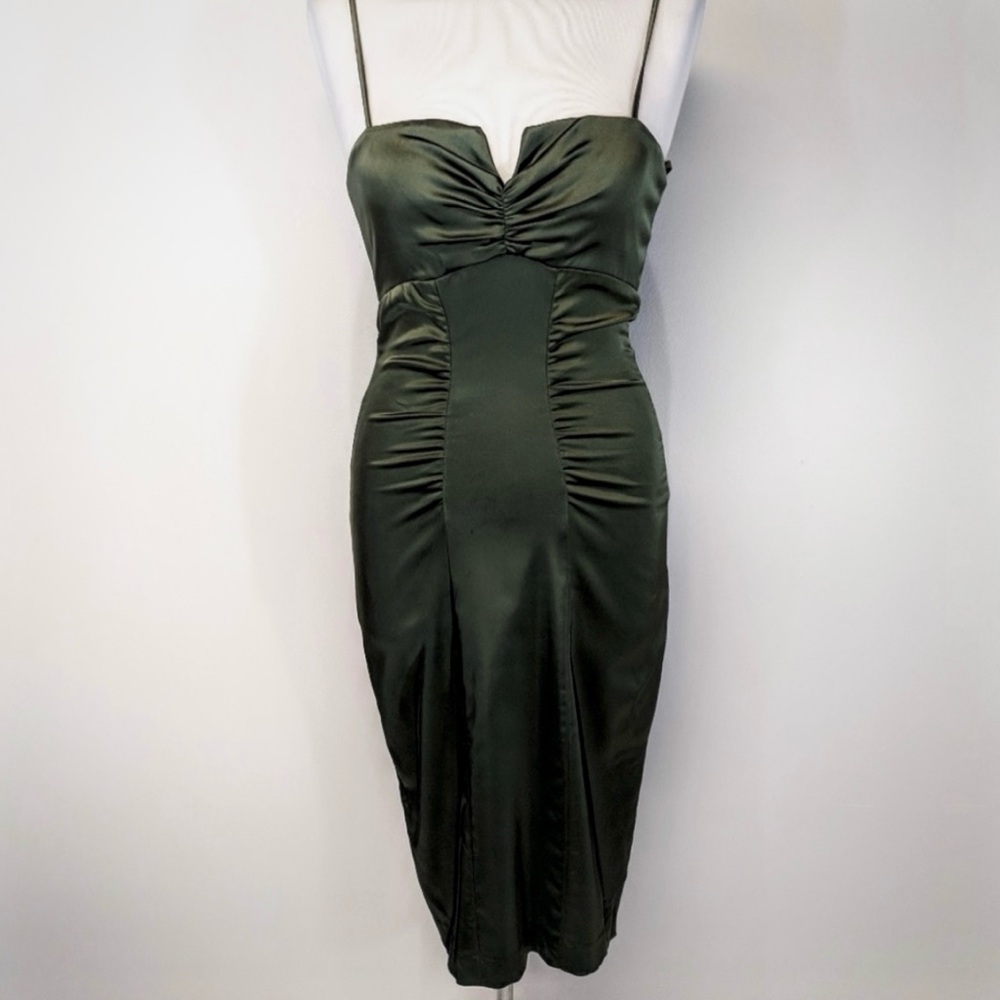 Dark Green Olive Color Strapless Cocktail Dress w/ V Notched Neckline